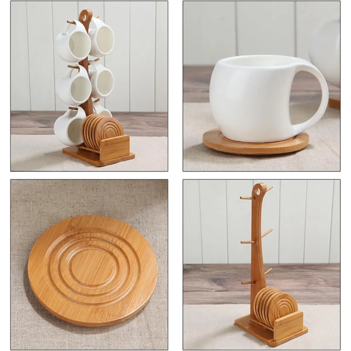 6-Piece Ceramic Coffee Cup & Saucer Set with Bamboo Stand  Heat-Resistant  Mugs with Coasters,
