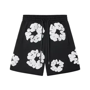 Denim Tears Kapok Foam Print Men's & Women's Short Sleeve Top, American High Street Loose Shorts | Brand New 3D Cotton Wreath Print Shorts | Floral Pattern Drawstring High-Waist Casual Pocket Shorts