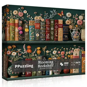 Wildflower Pages Puzzles for Adults 1000 Pieces, Vintage Bookshelf Flower Book Art Puzzle, Colorful Blooming Bookshelf Jigsaw Puzzle, Retro Floral Plant Aesthetic Puzzles for Book Lovers