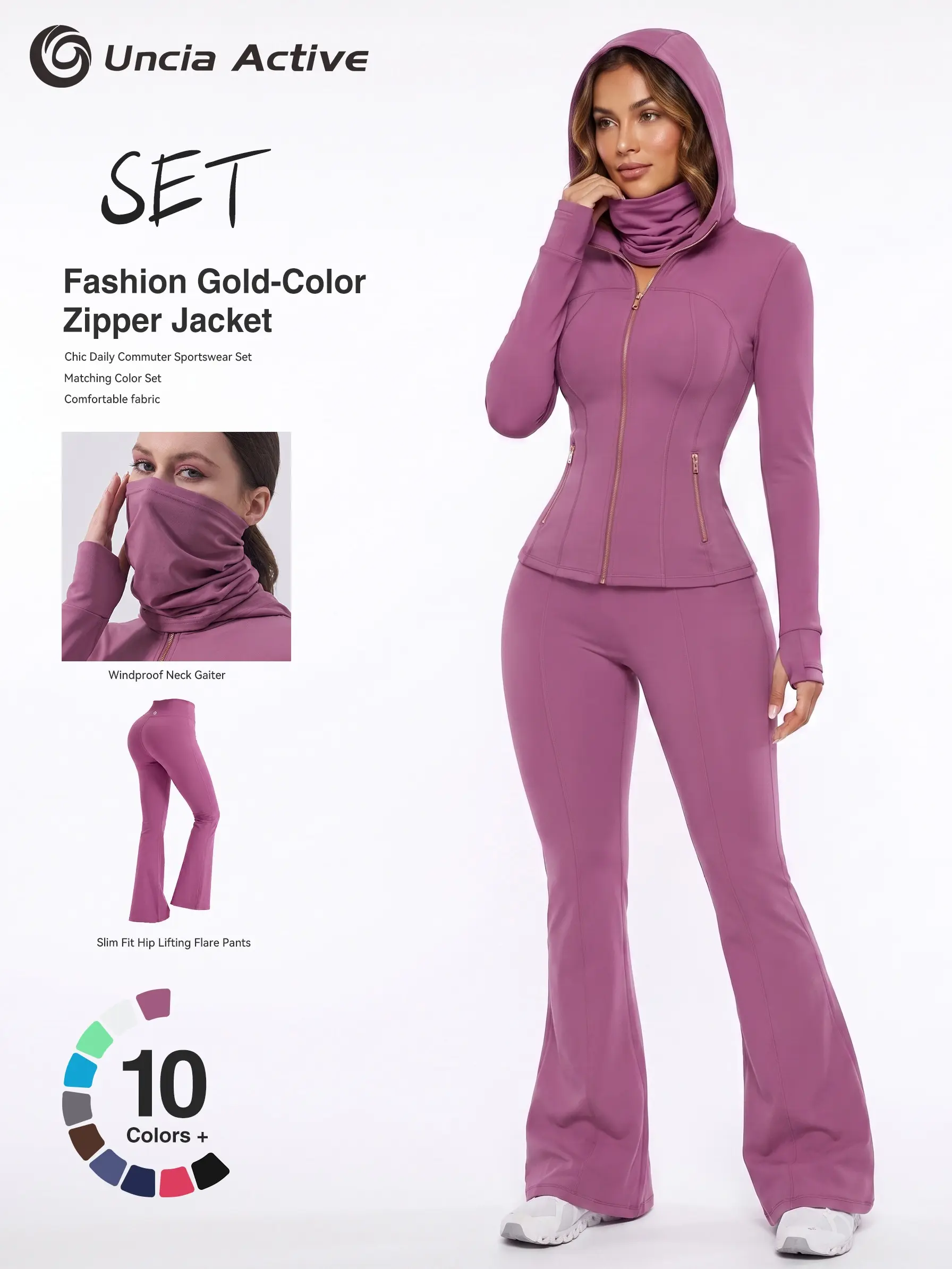 Women's 2-Piece Sports Sweat Suit, Zip-Up Hooded Athletic Jacket, High-Stretch Thumb-Hole Design, Hip-Lifting Flared Yoga Pants for Gym & Yoga