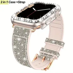Rhinestone Case + Slim Sparkling Glitter Watch Strap For Apple Watch Series Ultra SE 11/10/9/8/7/6 Soft PU Silicone Band + Watch Clear Cover Case For iWatch 49mm 46mm 45mm 44mm 42mm 41mm 40mm 38mm Wristband Women, Smart watch accessories