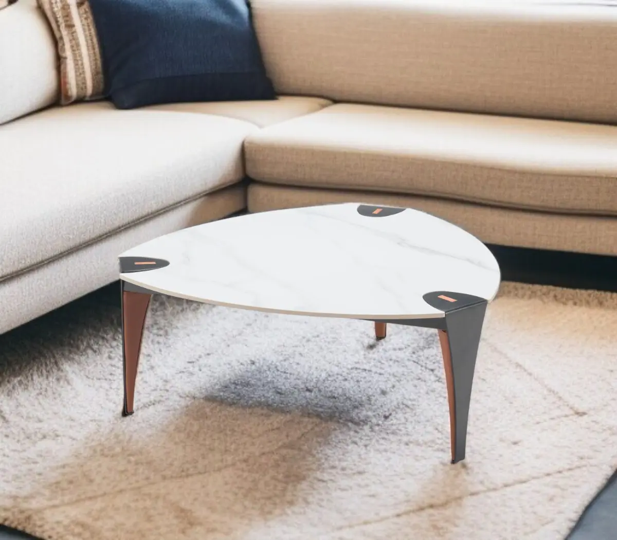 360 stand 36 in. White & Black Sintered Stone Triangle Contemporary Coffee Table, Faux Leather, Powder-Coated Steel Legs, Modern Geometric Design, Modern Accent Tables, Sintered Stone Tabletop, Geometric Coffee Tables