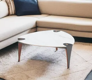 360 stand 36 in. White & Black Sintered Stone Triangle Contemporary Coffee Table, Faux Leather, Powder-Coated Steel Legs, Modern Geometric Design, Modern Accent Tables, Sintered Stone Tabletop