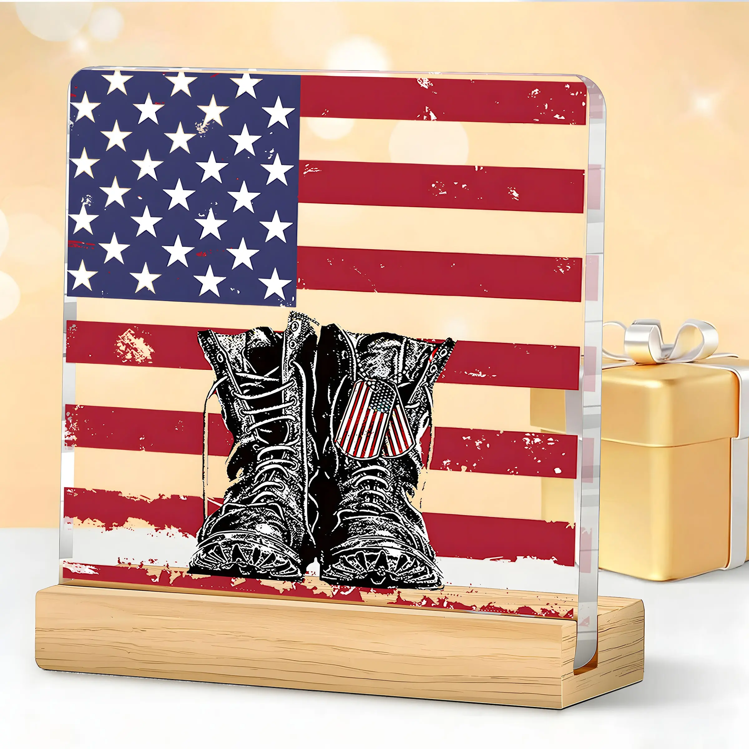 July 4th Patriotic Acrylic Plaque, American Flag Combat Boots Design, Veteran Memorial Gift, Home Office Desk Decor, Patriot Day Display