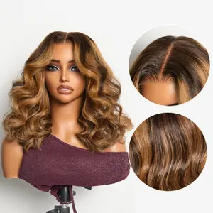 Sun-Kissed Warm Tone Brown with Blonde Highlights 180% Density Loose Wave Glueless 5x5 Closure Lace Wig Pre-Cut Lace