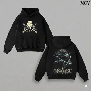 Boar Mask Slayer Inspired Washed Hoodie, Vintage Oversized Anime Streetwear Pullover