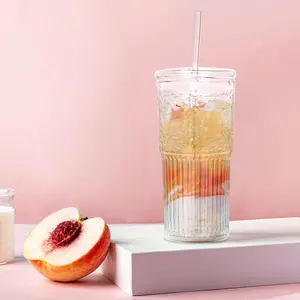 Glass Beverages with Lids and Glass Straws, High Borosilicate Glass with Surface Texture, Coffee Cups, Juice and Milk Cups, Christmas Gifts