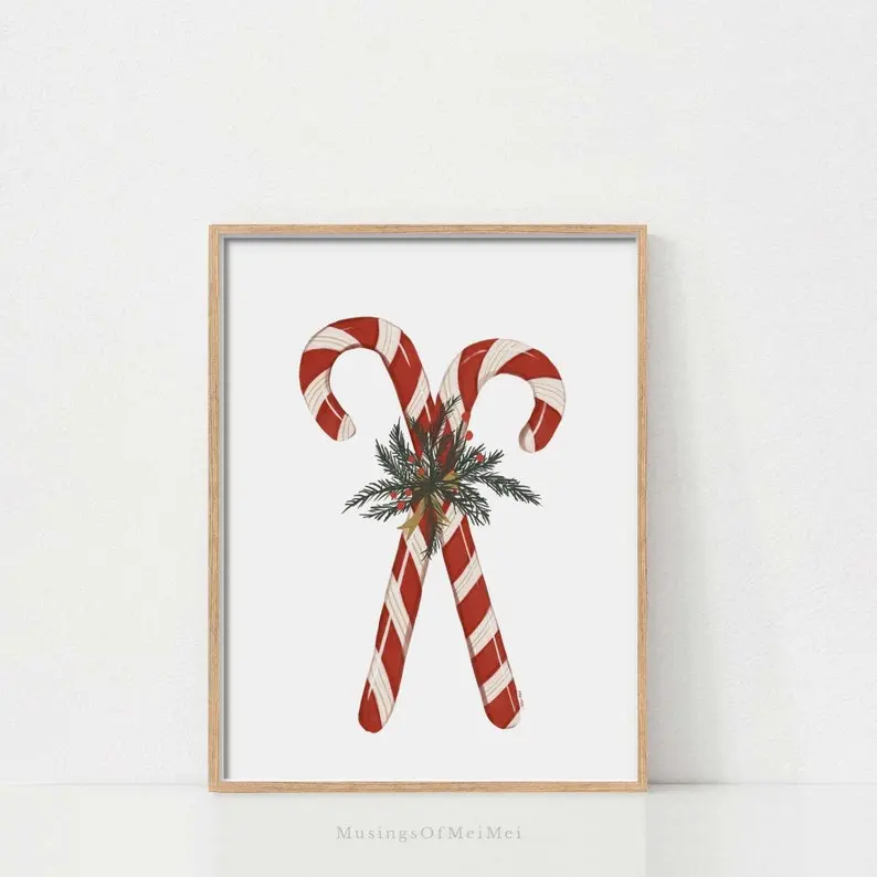 Christmas Printable Wall Art Poster, Candy Cane Christmas Print, Christmas Decor, Christmas Art, Vintage Christmas Print, Christmas Wall Art