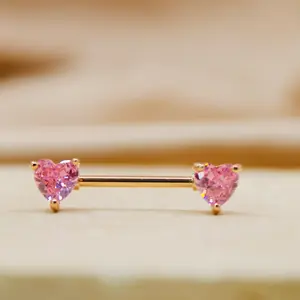Pink Heart Nipple Piercing, Rose Gold Accent Pink Heart Decor Nipple Piercing Barbell Jewelry