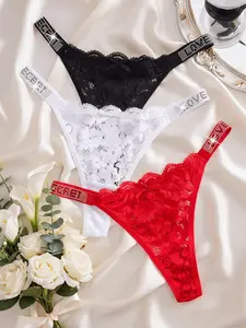 Three-Pack Sexy Seamless Low-Waist Lace Thong, Letter Print Water Brick Lace Trim, Backless Design, Ideal for Daily Wear and Special Occasions, Trim Lace Panty, Lace Trim Knickers