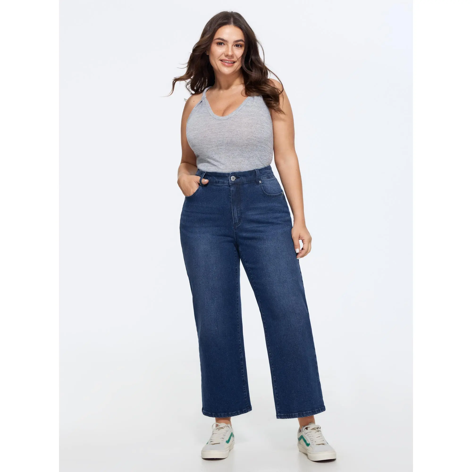 BLOOMCHIC Women's Plus Size Mid-Rise Butt-Lifting Straight-Leg Jeans [M-6X] 2026 Summer Finds - Cotton-Spandex Fabric Garment with Pocket, Bottom, Button, Bottoms, Basic, Cold Machine-Wash, Five-Pocket