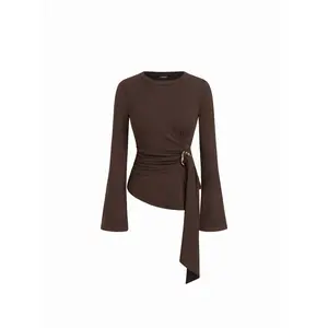 Cider Round Neckline Ruched Metal Detail Long Sleeve Tee