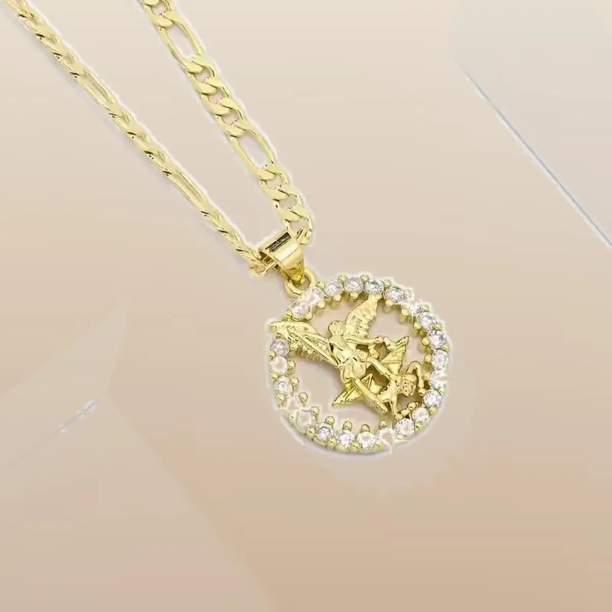 14K gold-plated pendant necklace featuring a priest figure with a cubic zirconia halo, unisex gold-tone bohemian jewelry for everyday wear and gifts