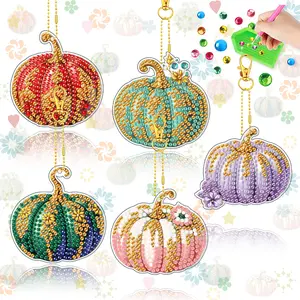 5pcs Pumpkin Shape DIY Diamond Painting Keychain, Acrylic Handmade Sticker Pendant, Artistic Hanging Decoration, Enhances Manual Skills
