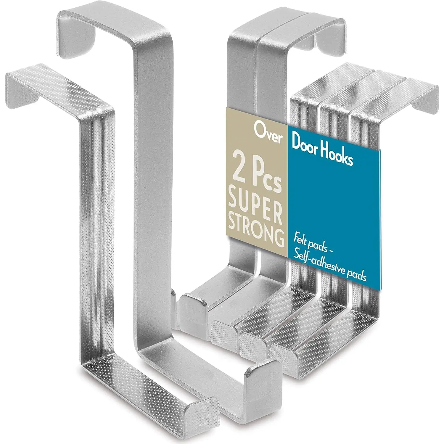 Over The Door Hooks 3+2 Pack - Double-Sided Stainless Steel Silver Towel Holders with Adhesive Anti-Scratch Anti-Slip Pads, Super Strong Hanging Storage for 1 3/8" & 1 3/4" Doors, Coat & Wreath Hangers for Home Users Bathroom Gadgets, Door Hanging Storage