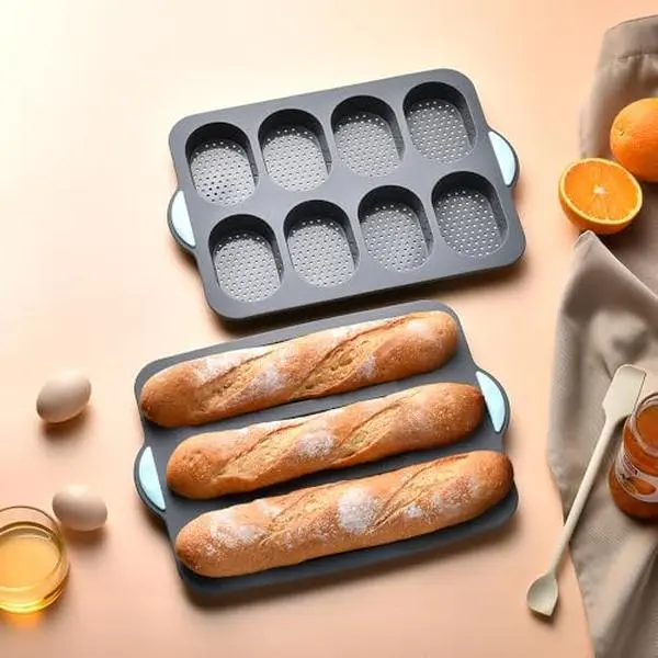 2 Pack Silicone Baking Molds Set, 8 Cavity Mini Loaf Pan & 3 Cavity Baguette Bread Tray, Non-Stick Perforated Silicone Baking Trays for French Bread, Mini Buns, Brownies, Oven Dishwasher Safe
