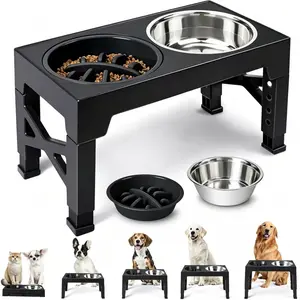 Elevated Dog Bowls, Raised Dog Bowl with Slow Feeder Bowl & Stainless Steel Bowls, 5 Heights Adjustable Dog Feeding Bowl Stand for Small Medium Large Dogs, Food Dishes with Non-Slip Feet