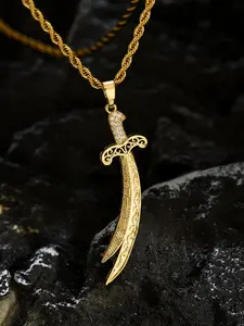 Men's 18k Arabic Floral Crescent Necklace, Drop Necklace, Zulfiqar Sword Element, Vintage Elegant Jewelry, Ideal for Eid Al-Fitr and Ramadan Parties