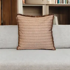 360 Stand 24 in--in. Brown & White Striped Cotton Throw Pillow with Fringe, Decorative Cushion for House Decor, Decorative Cushions