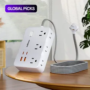 Flat Plug Surge Protector Power Strip, Power Outlets Strip, 5 ft Braided Flat Extension Cord with 4 USB Ports, Compact Desk or Wall-Mount Charging Station for Office, School and Dorm, Power Socket Extender