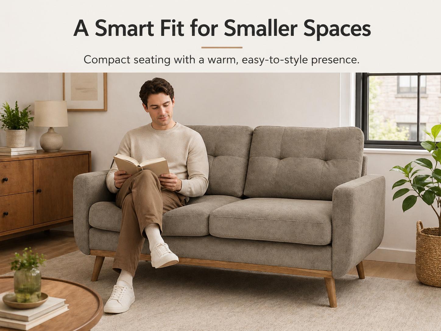 Loveseat Sofa Mid Century Modern Upholstered 2 Seat Couch with Wood Legs, Small Space Fabric Sofa for Living Room, Apartment, Bedroom, Office