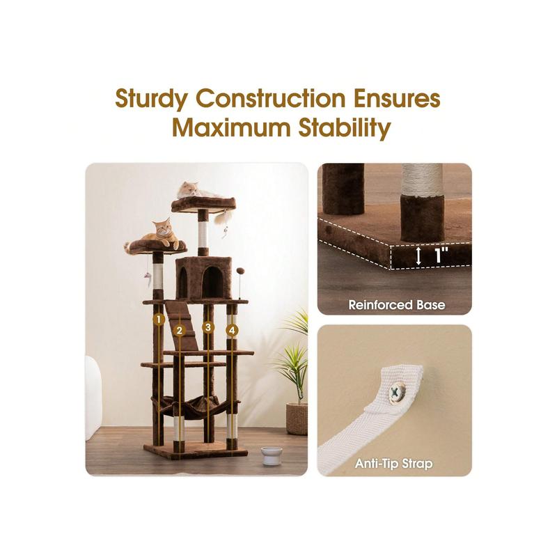 MWPO 70.1-Inch Large Cat Tree, Multi-Level Tall Cat Tower for Indoor Cats, Plush Cat Condo with Big Padded Perches, Sisal-Covered Scratching Posts, Hammock, Toys for Kittens & Cats