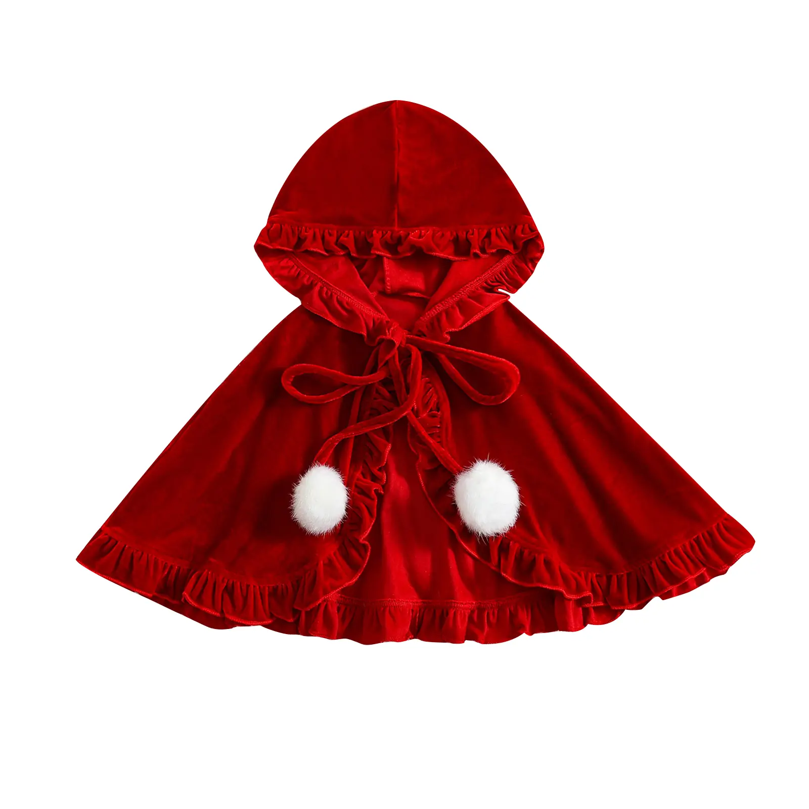 Toddler Baby Christmas Cloak Red Hooded Lacing Velvet Cape Coat with Plush Balls Kids Christmas Cospaly Costume