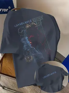 Men's Casual Short Sleeve T-Shirt, Casablanca Letter Print, Round Neck Summer Top, Fitted, Durable Fabric