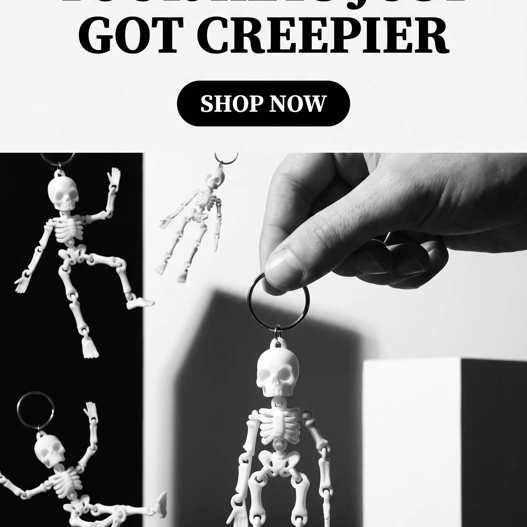 3D Printed Articulated Shakey Skeleton Keychain - Spooky Halloween Aesthetic Charm, Gothic Creepy Cute Bone Accessory, Unique Goth Gift for Keyrings