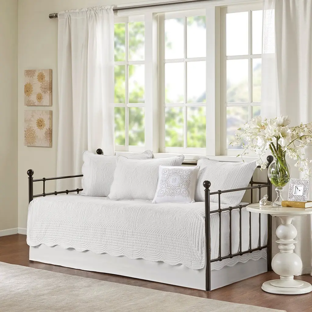 Daybed Cover Set with Reversible Quilted Bedspread and Pillowcase, 6-Piece, Twin Size, Multiple Color and Material Options (Polyester or Microfiber), Scalloped Edge or Plaid Design