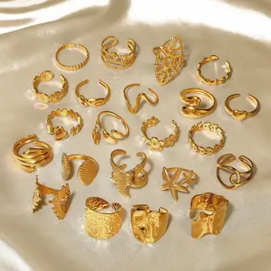 Stainless steel vacuum-plated 18K gold starfish, shell, heart, and flower design non-fading open ring