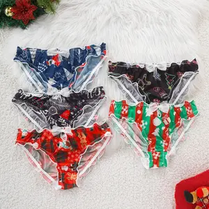 Christmas-themed women's underwear, featuring various festive prints and lace trim. Cute and sexy Christmas-themed briefs.