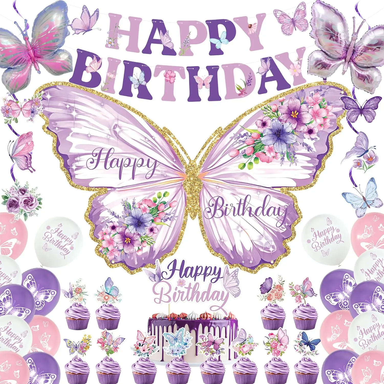 Female Butterfly Happy Birthday Party Decorations Set - 70.8x43.5in Large Size Synthetic Backdrop Banner, 2-Count Butterfly Balloons, Swirls, Cake Topper, Easily Assembled Multiple Items for Girls' Bash, Outdoors Photo Shoot Gift