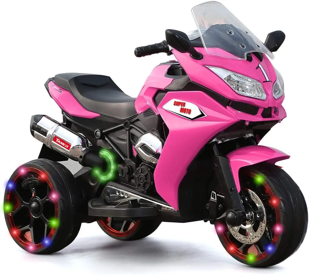 12V 3-Wheel Electric Kids Ride-On Motorcycle for 3-8 Years Old (50-99 lbs), Pink Plastic Toy with LED Lights, MP3 Player, Safe Design, Gift for Boys & Girls, Unisex, Birthdays