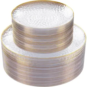60 pieces of transparent plastic plates, disposable transparent plates with gold edges, heavy-duty gold plates, hammered party plates, including 30 transparent dessert plates and 30 wedding and party dinner plates