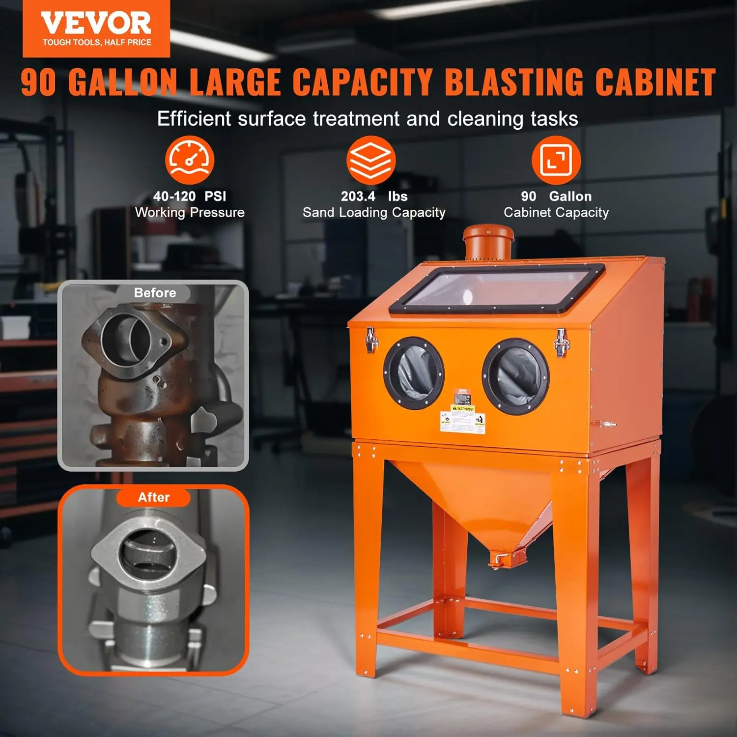 VEVOR Heavy Duty 90 Gal Sandblasting Cabinet with Stand, 1.8 Gal Dust Collection System, 40-120PSI Blasting Gun, 4 Nozzles for Paint & Rust Removal
