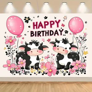 1pc 2D Flat Adorable Cow Themed Birthday Party Backdrop Durable Polyester with Cute Cartoon Cows Pink Balloons Flowers Banners Ornaments for Cake Table Decor Photo Booths Outdoor Celebrations