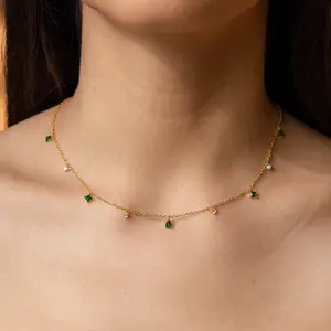 Larissa Emerald Station Necklace by Caitlyn Minimalist - Dainty Green Crystal & Diamond Charm Necklace in 18K Gold Finish & Sterling Silver - Emerald Birthstone Jewelry - Gift for Her