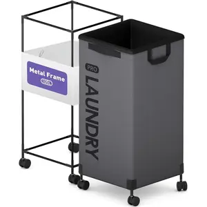 Next-Gen 105L Matel Frame Laundry Basket with wheels, Heavy Duty Tall Rolling Laundry Hamper with Removable Wash Bag, Collapsible Freestanding Clothes Hamper For Laundry Room (100L,Grey,1Pack)