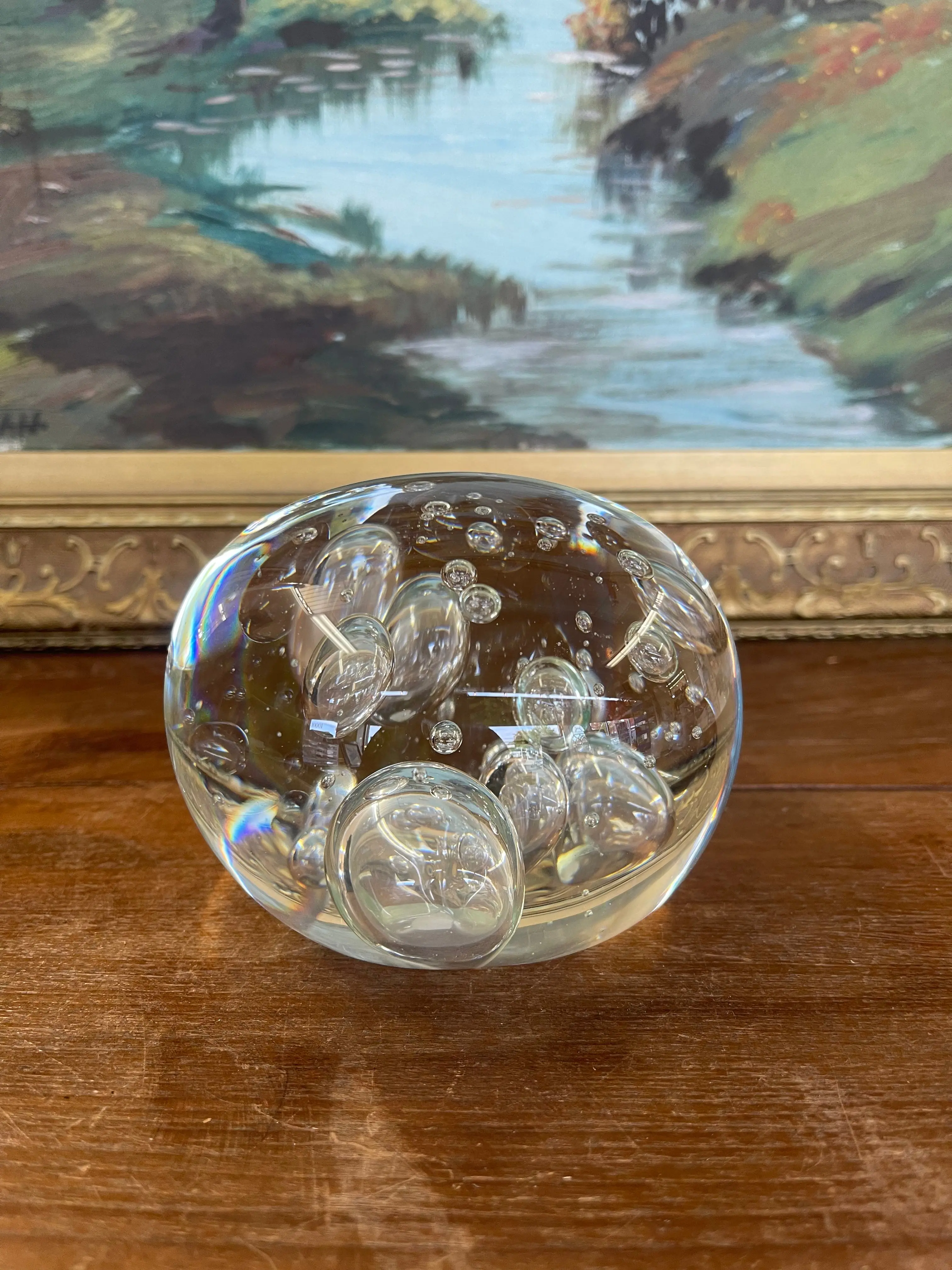 Vintage Mid-Century Modern Clear Glass Paperweight with Controlled Bubbles