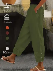 Women's Casual Linen Harem Pants Bottoms, Lace Details, Bright Colors, Elastic Waistband, Breathable, Perfect Vacation, Multiple Sizes Available