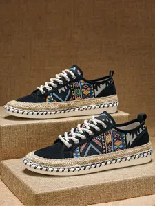 Elastic One-Step Lace-Up Ethnic Style Sneakers, Soft Sole Anti-Slip Flat Shoes, Lightweight Low Top Sports Walking Shoes for Daily Wear