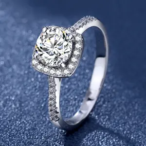 Pure Silver S925 Moissanite Square Ring, One Carat, Adjustable, Fashionable and Versatile Small Sugar Cube Ring Stainless Steel Miami Cuban Link Necklace