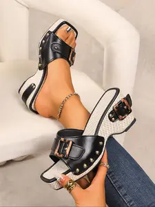 Women's Summer Block Heel Sandals with Buckle, Stylish Outdoor Design, Non-Slip Thick Sole, Fashionable Roman Style