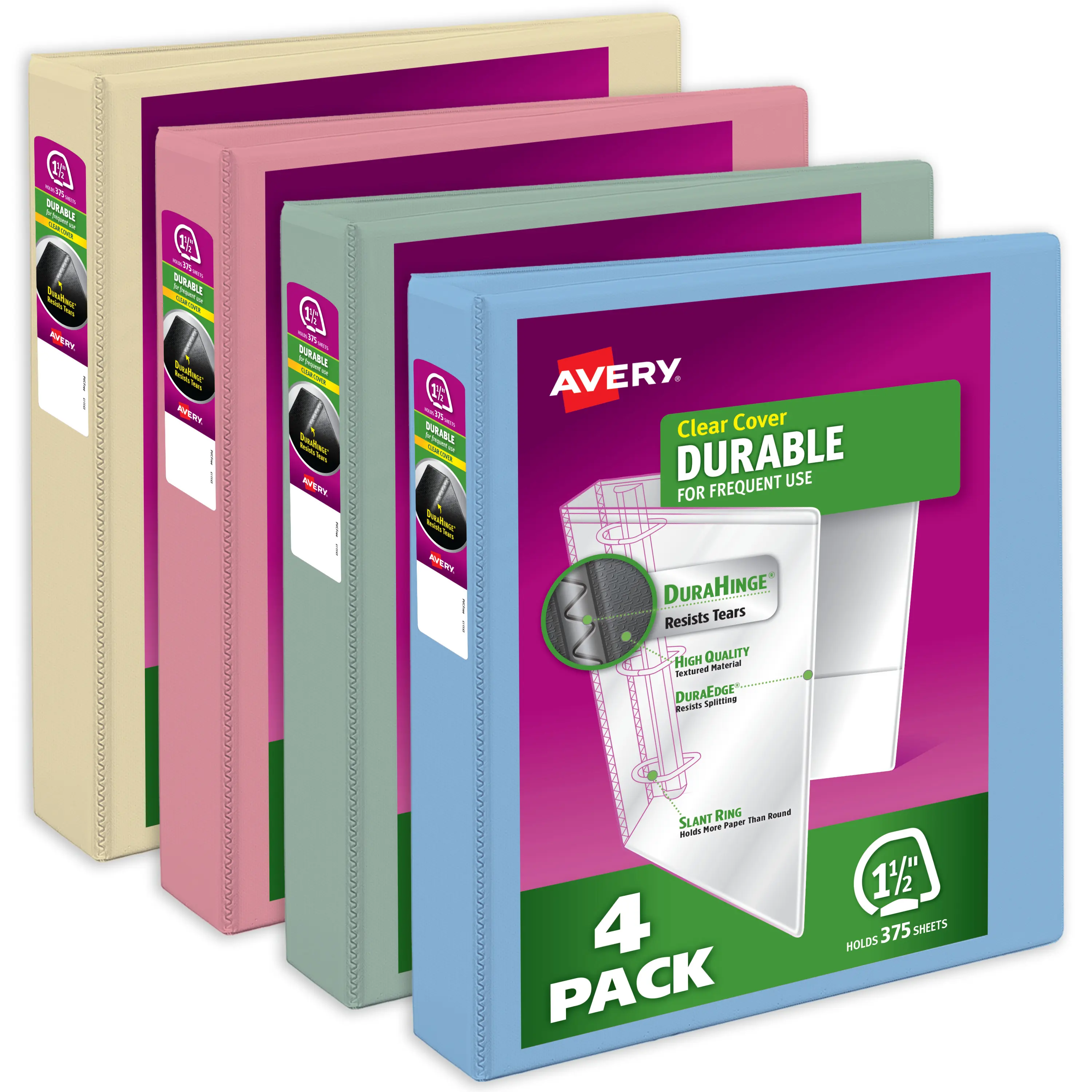 Avery Durable View 3-Ring Binders 4-Pack (05634) - Tear-Proof Document Binder for School, Important Documents, 1.5in Slant Rings, 375-Sheet Capacity, DuraHinge, 2.1in Wide Spine, Customizable Covers/Spine, Assorted Pastels, Extra Storage