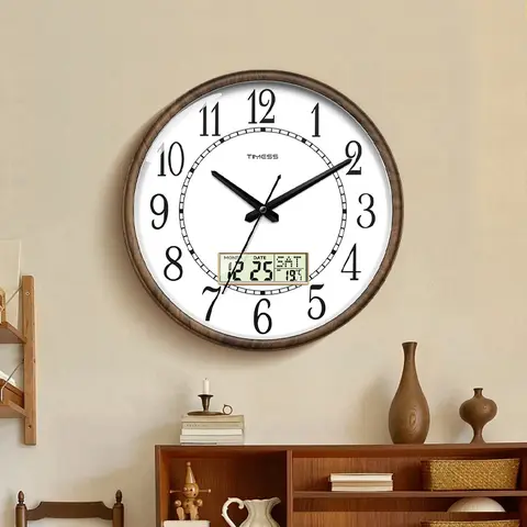TIMESS 13-In Round Analog Wall Clock - Retro Faux Wood Grain, Large Numbers, Creative Design, Perpetual Calendar Digital Display, Temp + Date Info, Silent Non-Ticking, Alarm, Eye Care, Battery Operated for Living Room, Bedroom