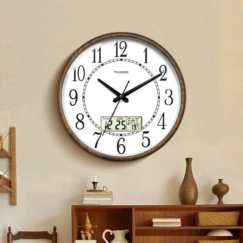 TIMESS 13-Inch Large Screen Analogue Wall Clock, Large Numbers, Creative Design, Perpetual Calendar Digital Display, Retro Faux Wood Grain, Shows Date & Temperature, Silent Non-Ticking, Battery Operated, for Living Room or Bedroom. summerwins