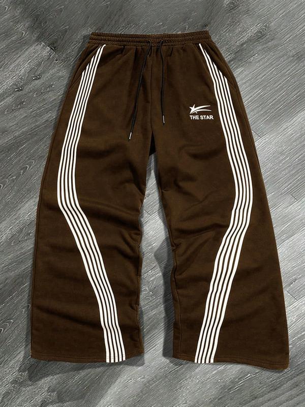 Women's Wide-Leg Track Pants, elastic drawstring waist with contrast side stripes and "THE STAR" logo print, relaxed fit for streetwear, dance and casual daily wear, available in multiple colors