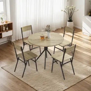 Round Dining Table Set for 4, Round Kitchen Table with 4 Chairs, 5 Piece Dining Room Table Set for Kitchen Apartment Small Space, Light Wood Grain