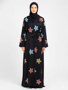 Abaya Multi Color Flower Open abaya with Belt and Scarf Rhinestone